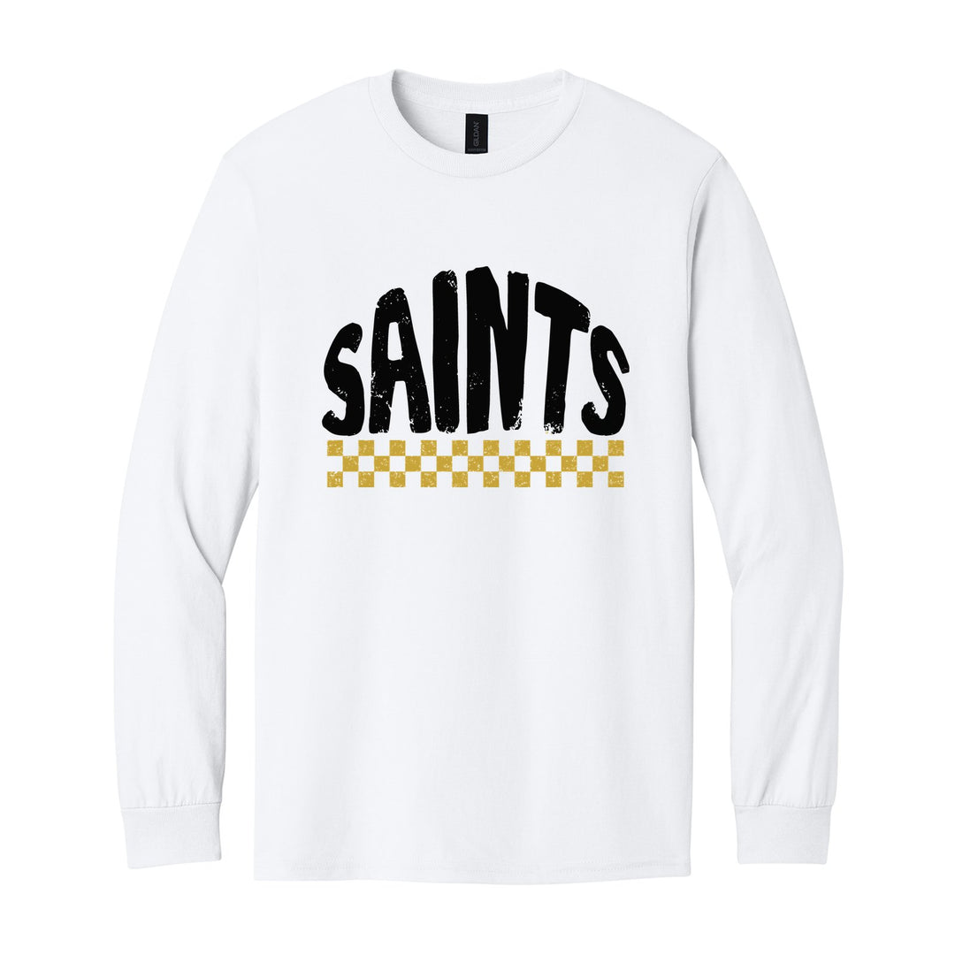Berks Catholic Saints Checkered long sleeve t-shirt in White: distressed SAINTS lettering over a checkerboard band