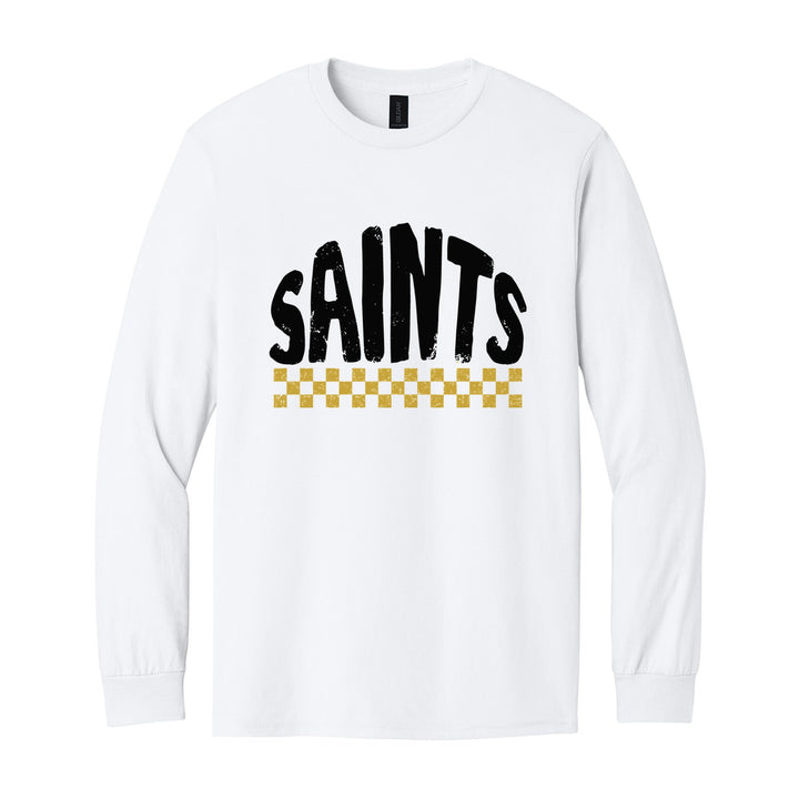 Berks Catholic Saints Checkered long sleeve t-shirt in White: distressed SAINTS lettering over a checkerboard band