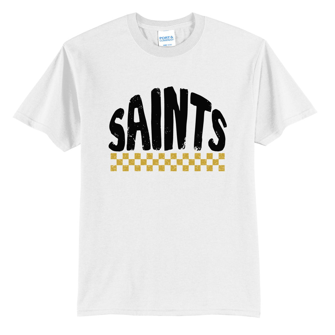 Berks Catholic Saints Checkered t-shirt in White: distressed SAINTS lettering over a checkerboard band