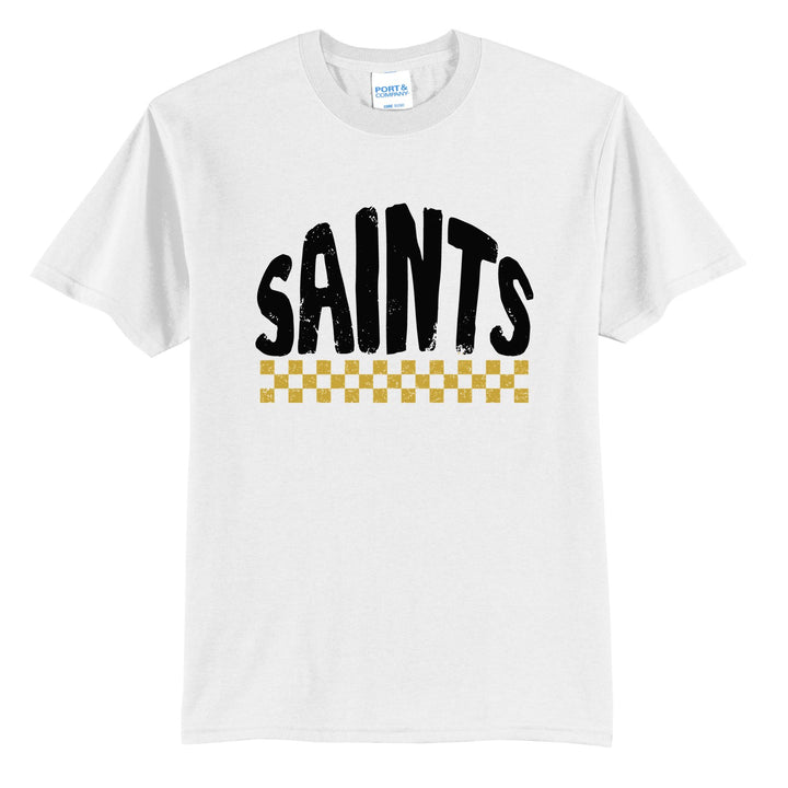Berks Catholic Saints Checkered t-shirt in White: distressed SAINTS lettering over a checkerboard band