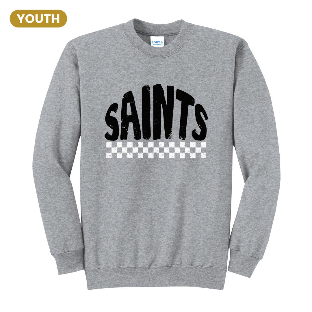 Berks Catholic Saints Checkered youth crewneck sweatshirt in Athletic Heather: distressed SAINTS lettering over a checkerboard band