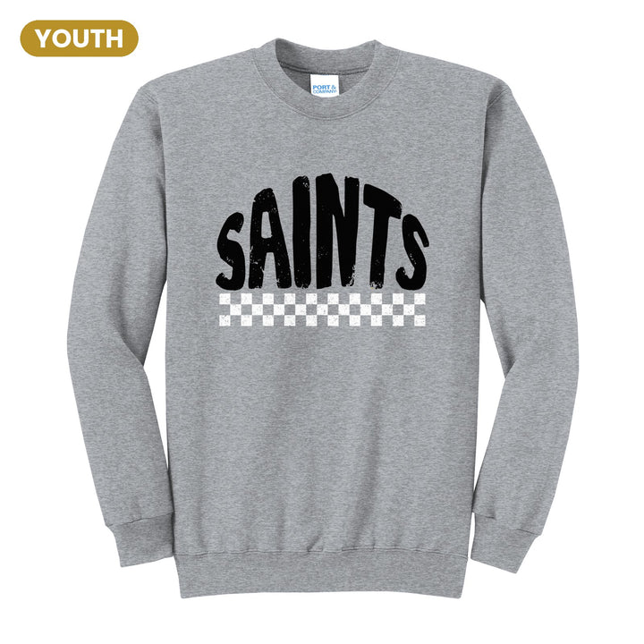 Berks Catholic Saints Checkered youth crewneck sweatshirt in Athletic Heather: distressed SAINTS lettering over a checkerboard band