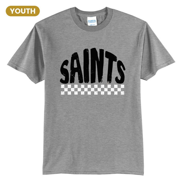 Berks Catholic Saints Checkered youth t-shirt in Athletic Heather: distressed SAINTS lettering over a checkerboard band
