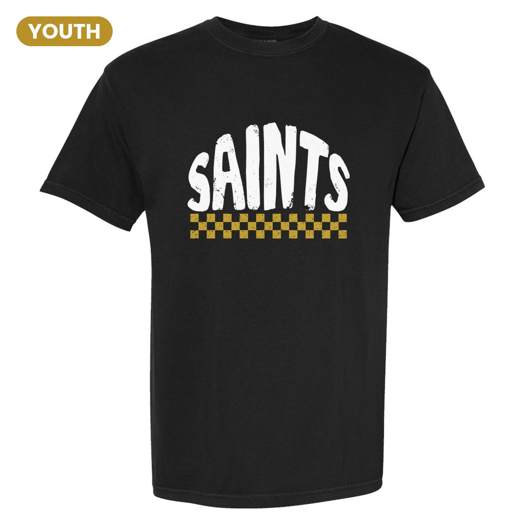 Berks Catholic Saints Checkered youth comfort colors t-shirt in Black: distressed SAINTS lettering over a checkerboard band