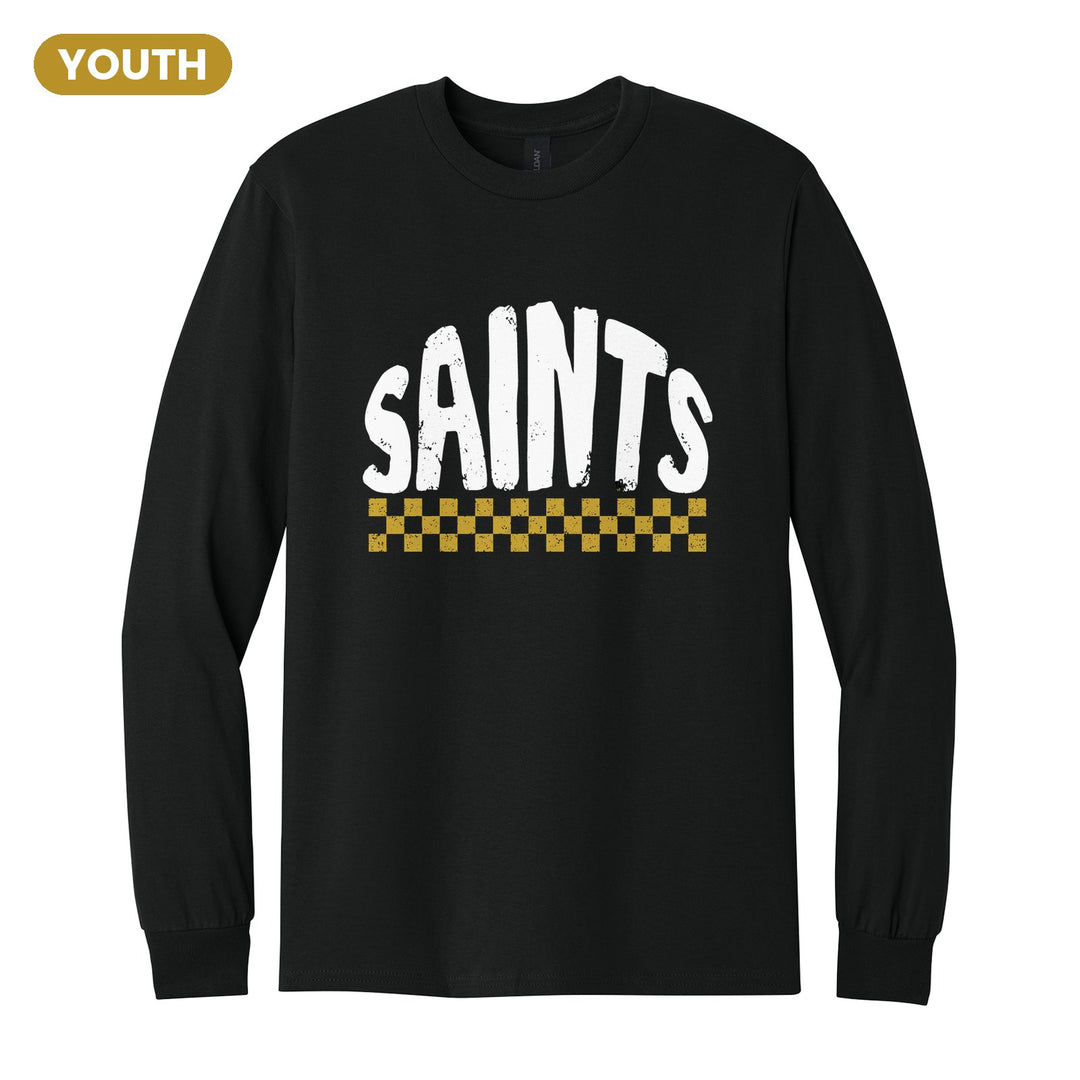 Berks Catholic Saints Checkered youth long sleeve t-shirt in Black: distressed SAINTS lettering over a checkerboard band
