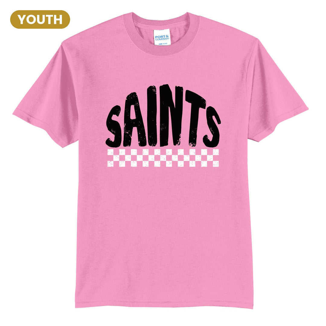 Berks Catholic Saints Checkered youth t-shirt in Candy Pink: distressed SAINTS lettering over a checkerboard band