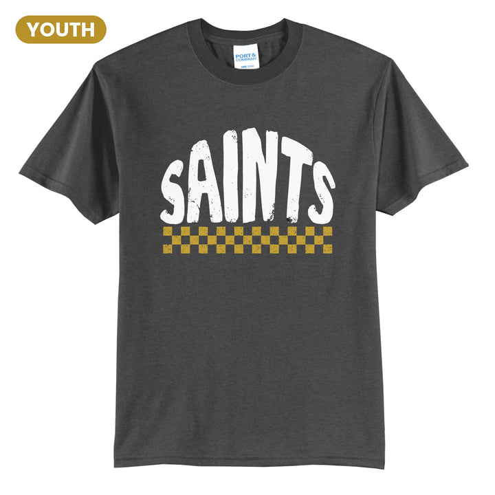 Berks Catholic Saints Checkered youth t-shirt in Charcoal: distressed SAINTS lettering over a checkerboard band