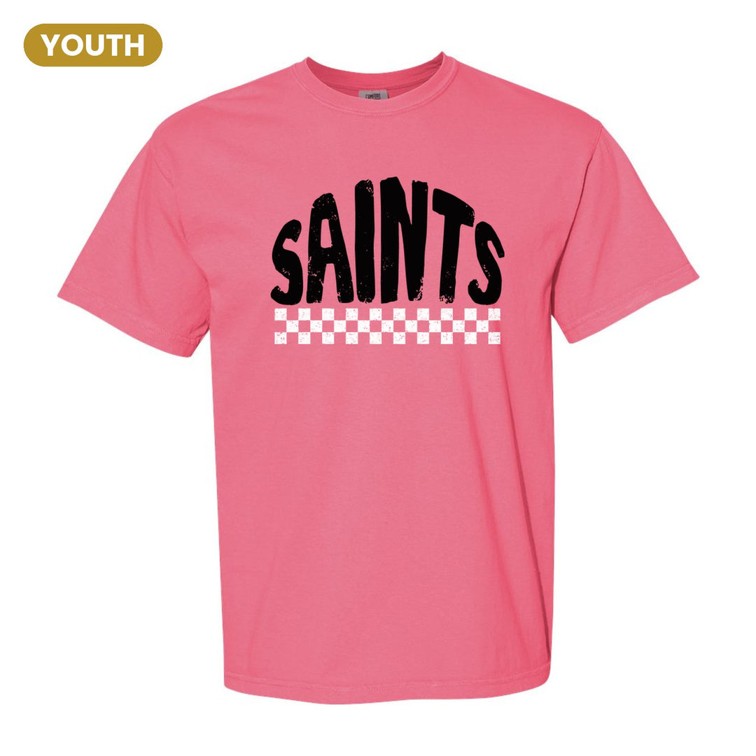 Berks Catholic Saints Checkered youth comfort colors t-shirt in Crunchberry: distressed SAINTS lettering over a checkerboard band