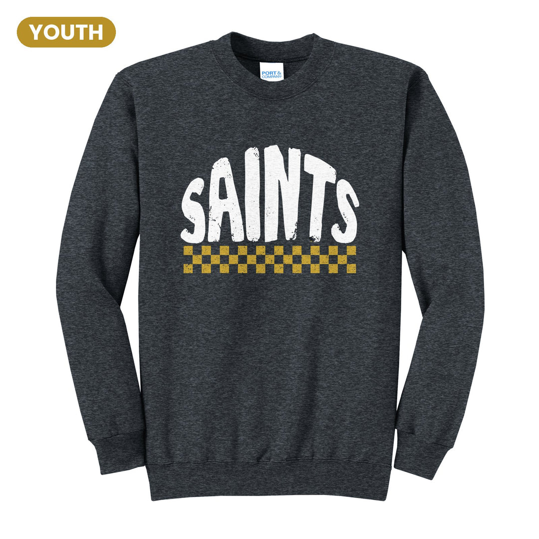 Berks Catholic Saints Checkered youth crewneck sweatshirt in Dark Heather Grey: distressed SAINTS lettering over a checkerboard band