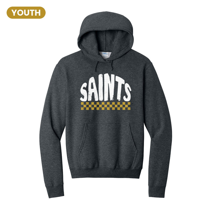 Berks Catholic Saints Checkered youth hoodie in Dark Heather Grey: distressed SAINTS lettering over a checkerboard band