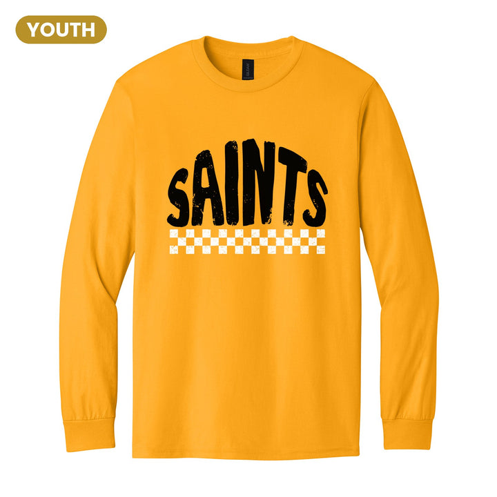 Berks Catholic Saints Checkered youth long sleeve t-shirt in Gold: distressed SAINTS lettering over a checkerboard band