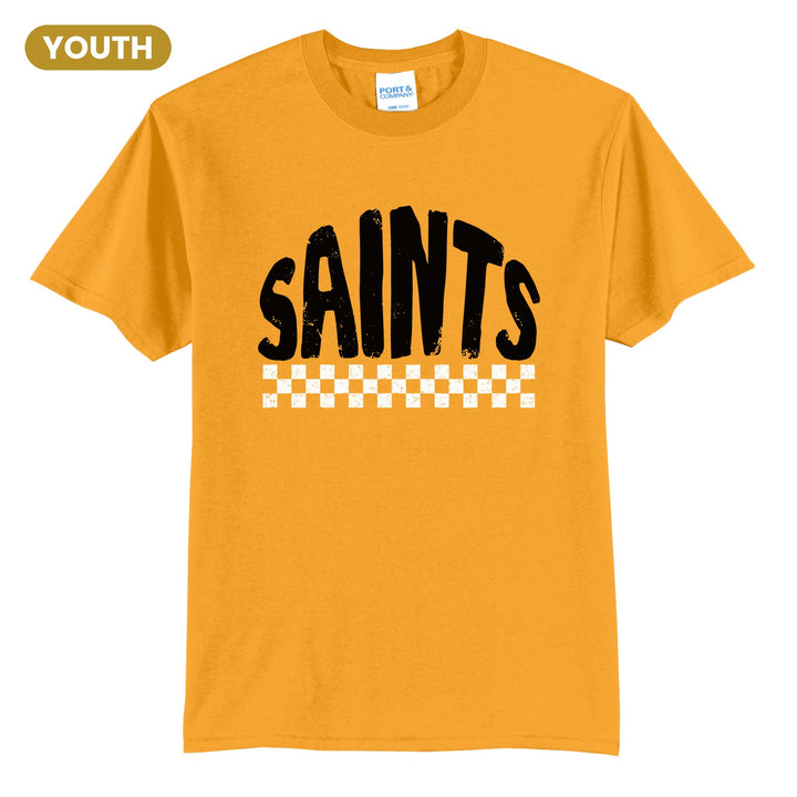 Berks Catholic Saints Checkered youth t-shirt in Gold: distressed SAINTS lettering over a checkerboard band