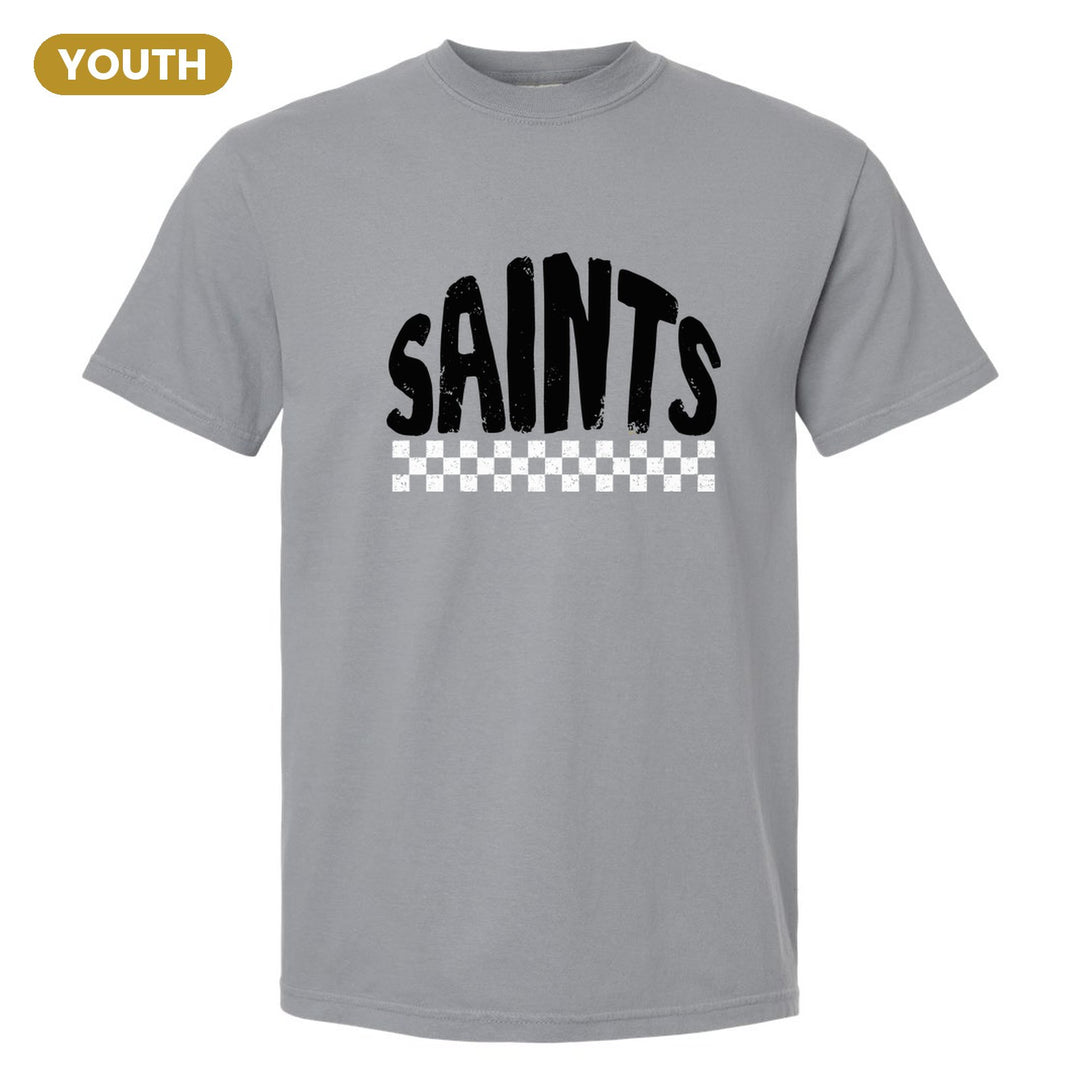 Berks Catholic Saints Checkered youth comfort colors t-shirt in Granite: distressed SAINTS lettering over a checkerboard band