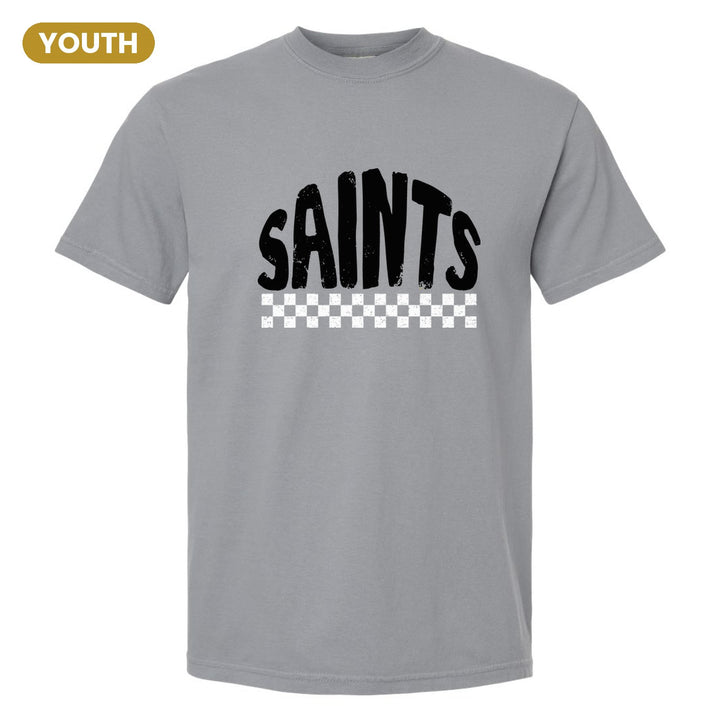 Berks Catholic Saints Checkered youth comfort colors t-shirt in Granite: distressed SAINTS lettering over a checkerboard band