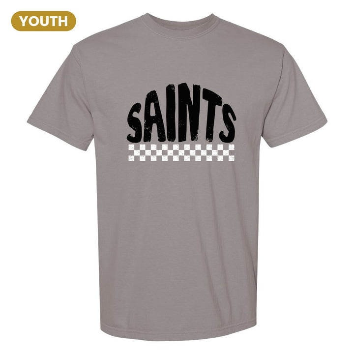 Berks Catholic Saints Checkered youth comfort colors t-shirt in Grey: distressed SAINTS lettering over a checkerboard band
