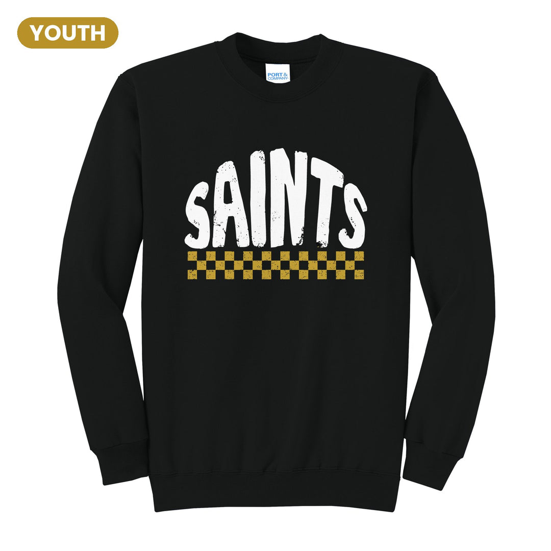 Berks Catholic Saints Checkered youth crewneck sweatshirt in Jet Black: distressed SAINTS lettering over a checkerboard band