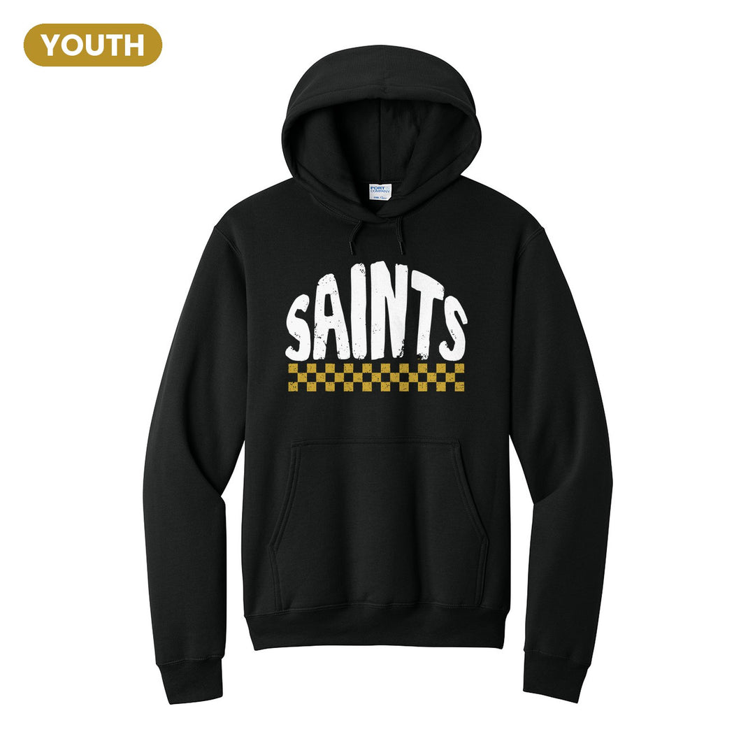 Berks Catholic Saints Checkered youth hoodie in Jet Black: distressed SAINTS lettering over a checkerboard band