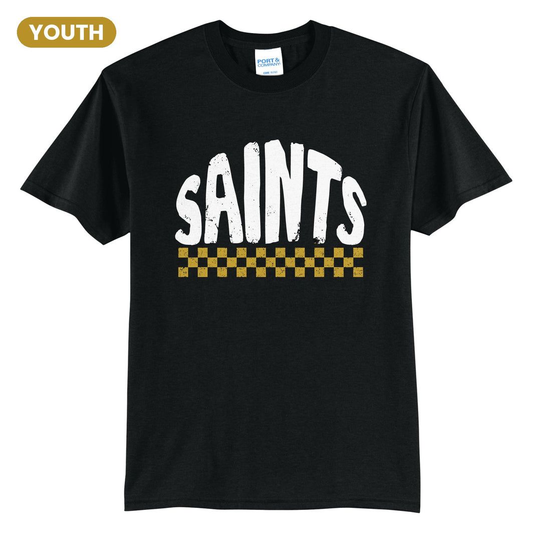 Berks Catholic Saints Checkered youth t-shirt in Jet Black: distressed SAINTS lettering over a checkerboard band
