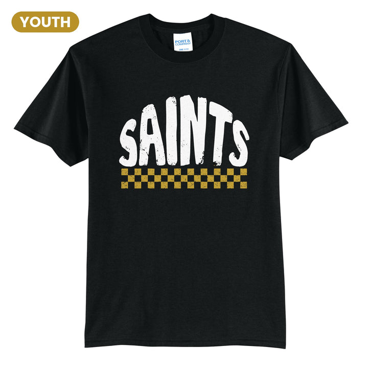 Berks Catholic Saints Checkered youth t-shirt in Jet Black: distressed SAINTS lettering over a checkerboard band