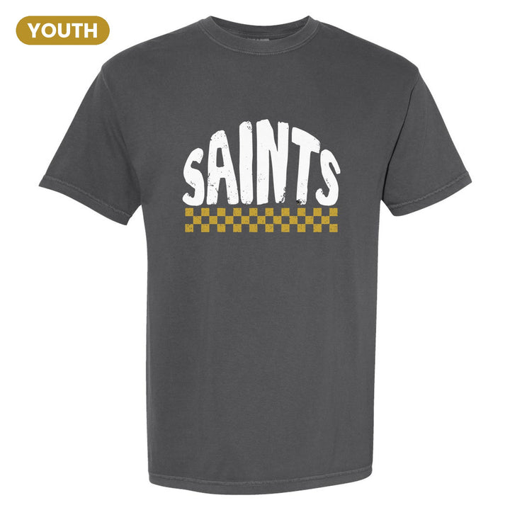 Berks Catholic Saints Checkered youth comfort colors t-shirt in Pepper: distressed SAINTS lettering over a checkerboard band