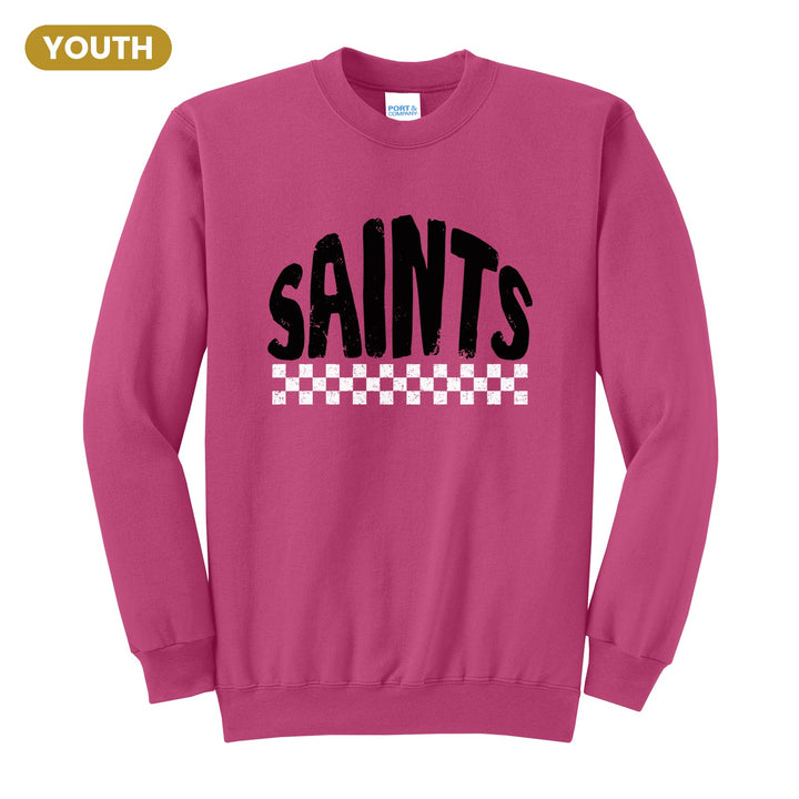 Berks Catholic Saints Checkered youth crewneck sweatshirt in Sangria: distressed SAINTS lettering over a checkerboard band