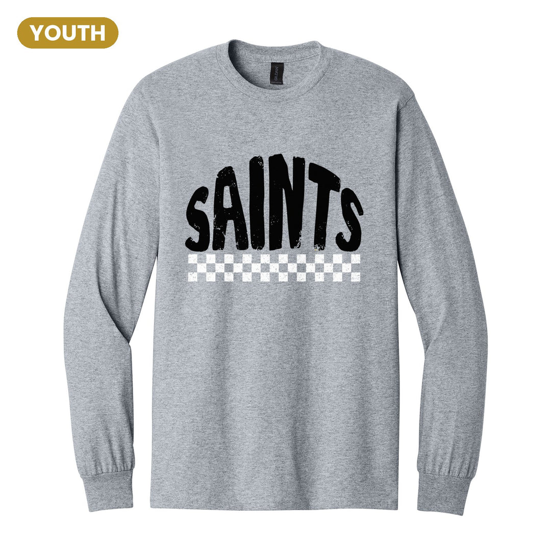 Berks Catholic Saints Checkered youth long sleeve t-shirt in Sport Grey: distressed SAINTS lettering over a checkerboard band