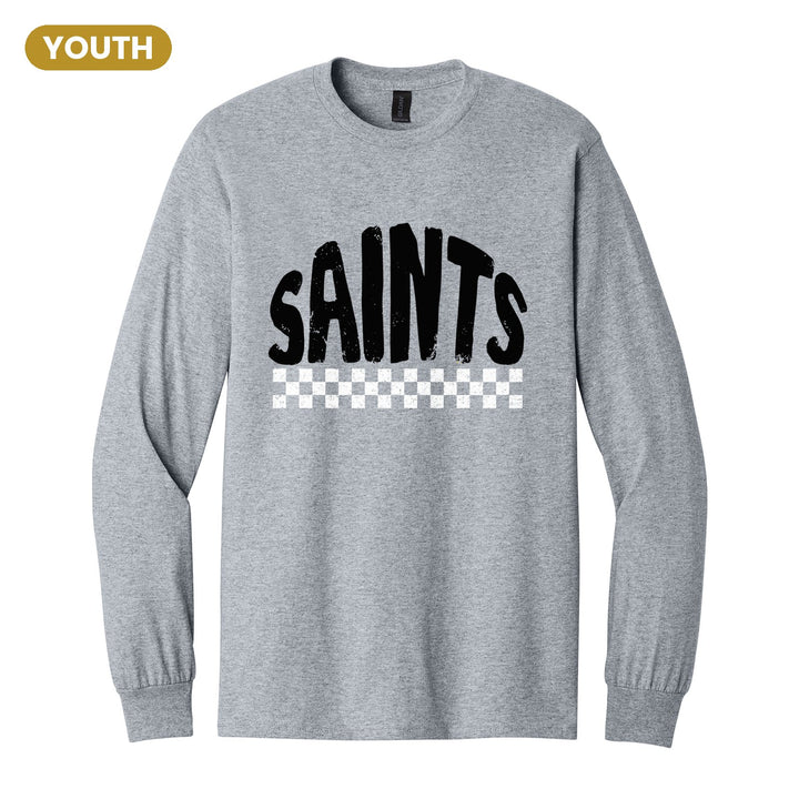 Berks Catholic Saints Checkered youth long sleeve t-shirt in Sport Grey: distressed SAINTS lettering over a checkerboard band