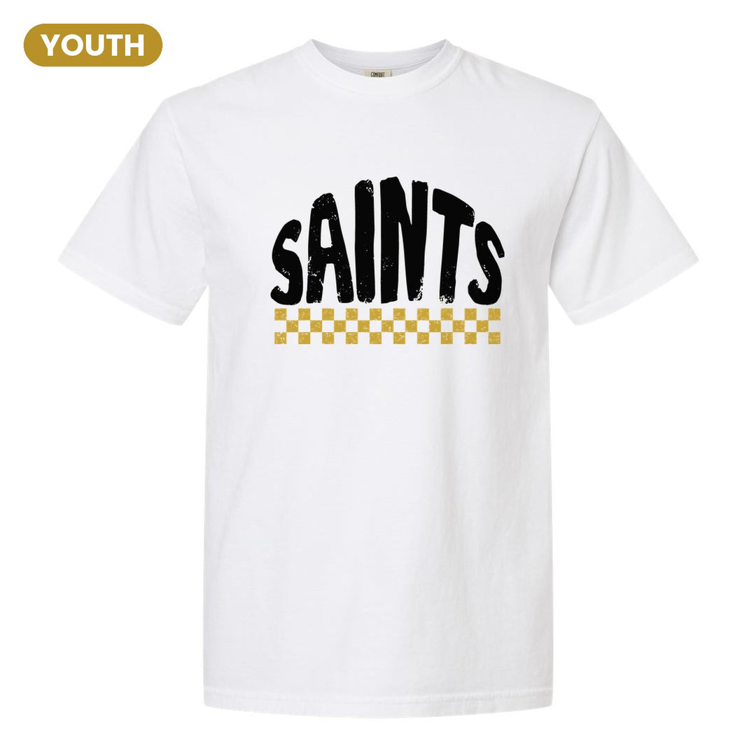 Berks Catholic Saints Checkered youth comfort colors t-shirt in White: distressed SAINTS lettering over a checkerboard band