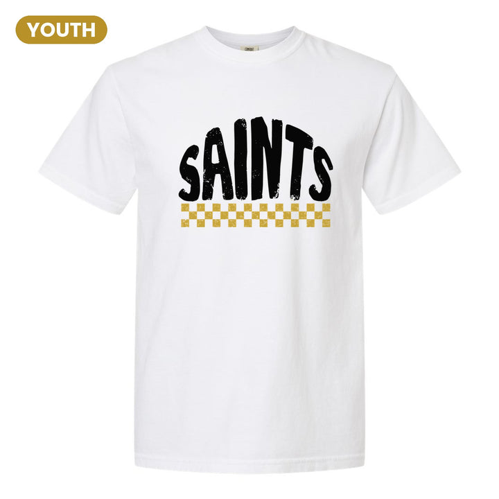 Berks Catholic Saints Checkered youth comfort colors t-shirt in White: distressed SAINTS lettering over a checkerboard band