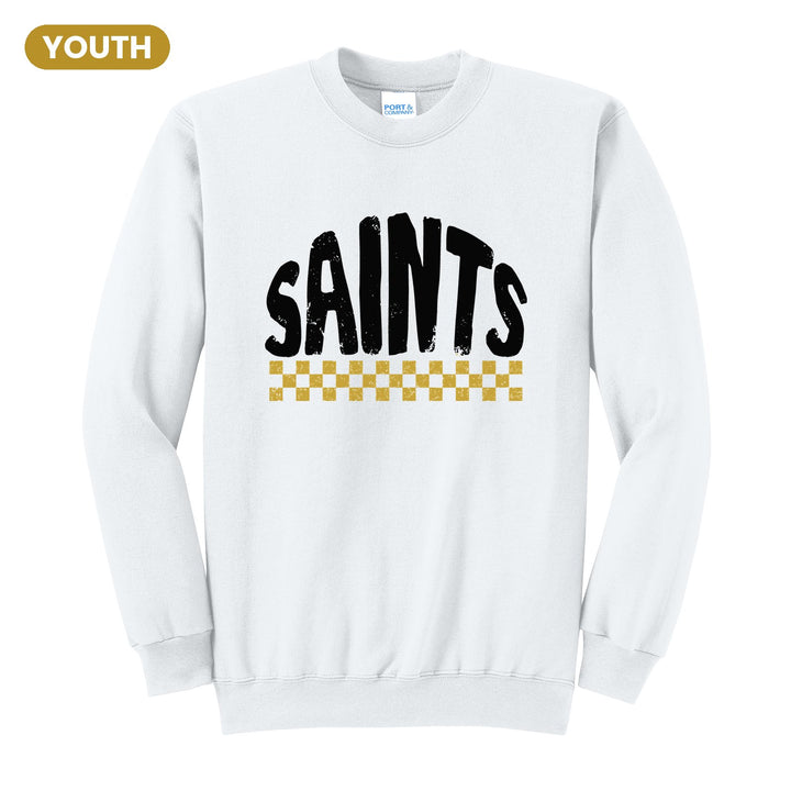 Berks Catholic Saints Checkered youth crewneck sweatshirt in White: distressed SAINTS lettering over a checkerboard band