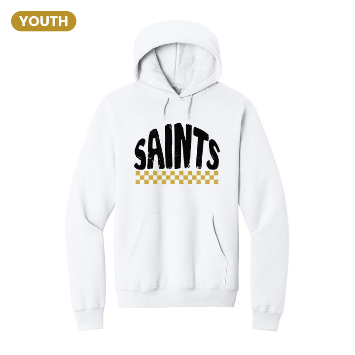 Berks Catholic Saints Checkered youth hoodie in White: distressed SAINTS lettering over a checkerboard band