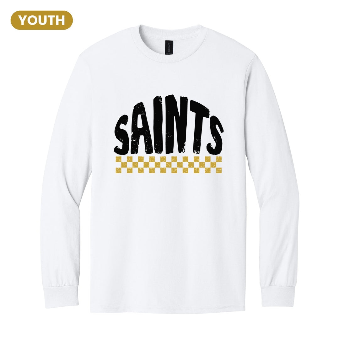Berks Catholic Saints Checkered youth long sleeve t-shirt in White: distressed SAINTS lettering over a checkerboard band