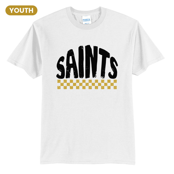 Berks Catholic Saints Checkered youth t-shirt in White: distressed SAINTS lettering over a checkerboard band
