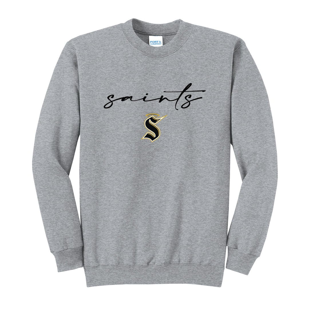 Berks Catholic Saints Saints Script crewneck sweatshirt in Athletic Heather: saints in thin flowing script over the halo S