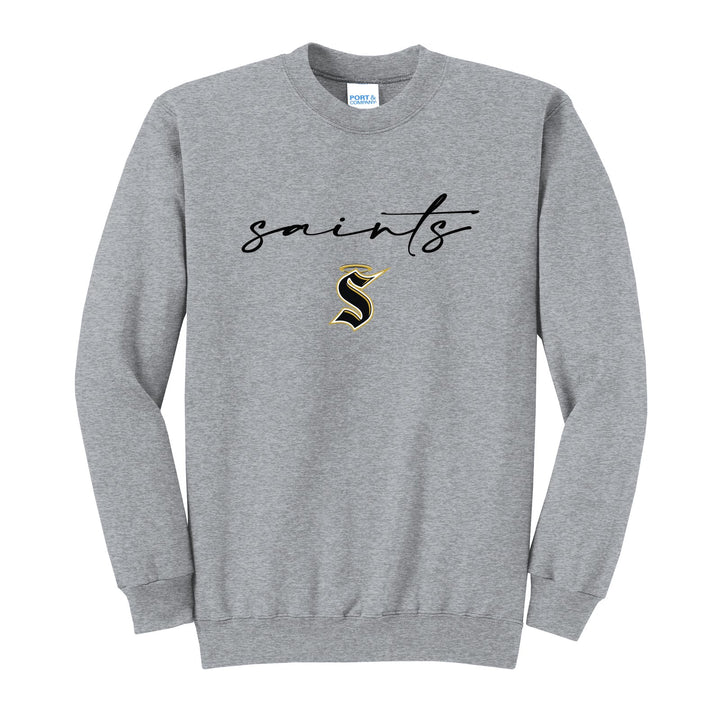 Berks Catholic Saints Saints Script crewneck sweatshirt in Athletic Heather: saints in thin flowing script over the halo S