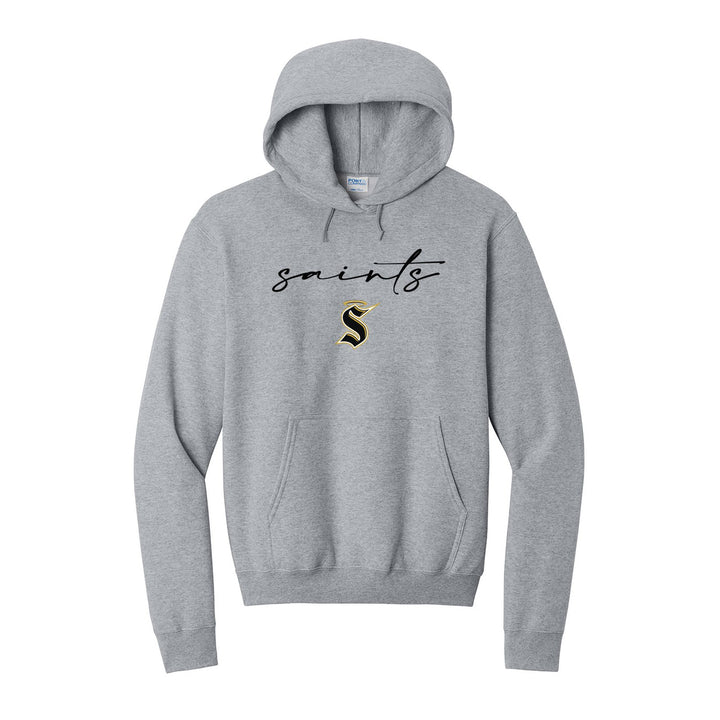 Berks Catholic Saints Saints Script hoodie in Athletic Heather: saints in thin flowing script over the halo S