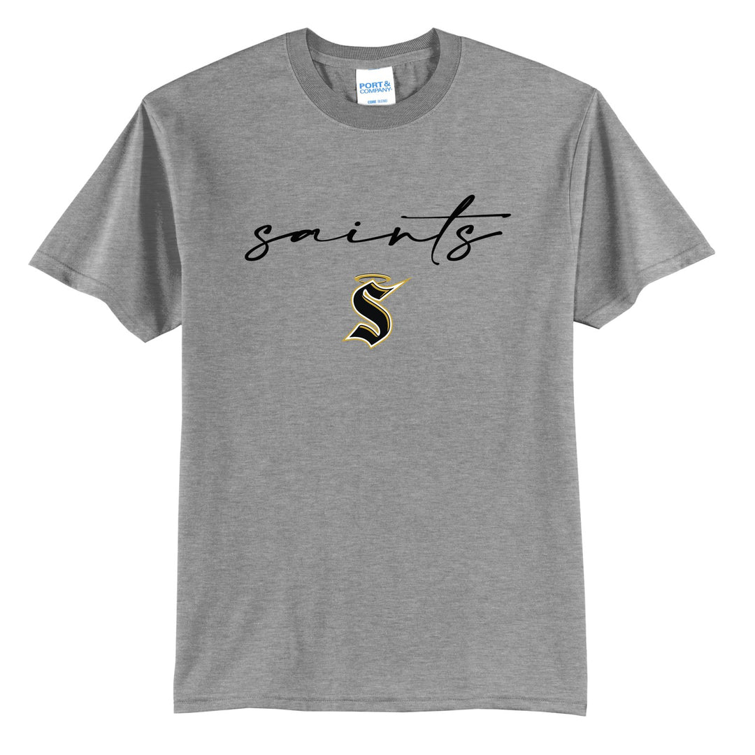 Berks Catholic Saints Saints Script t-shirt in Athletic Heather: saints in thin flowing script over the halo S