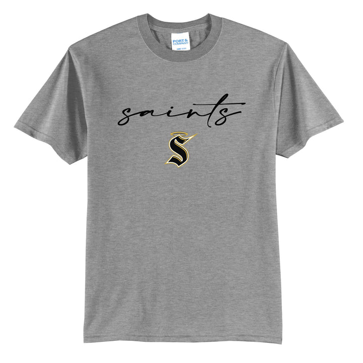 Berks Catholic Saints Saints Script t-shirt in Athletic Heather: saints in thin flowing script over the halo S