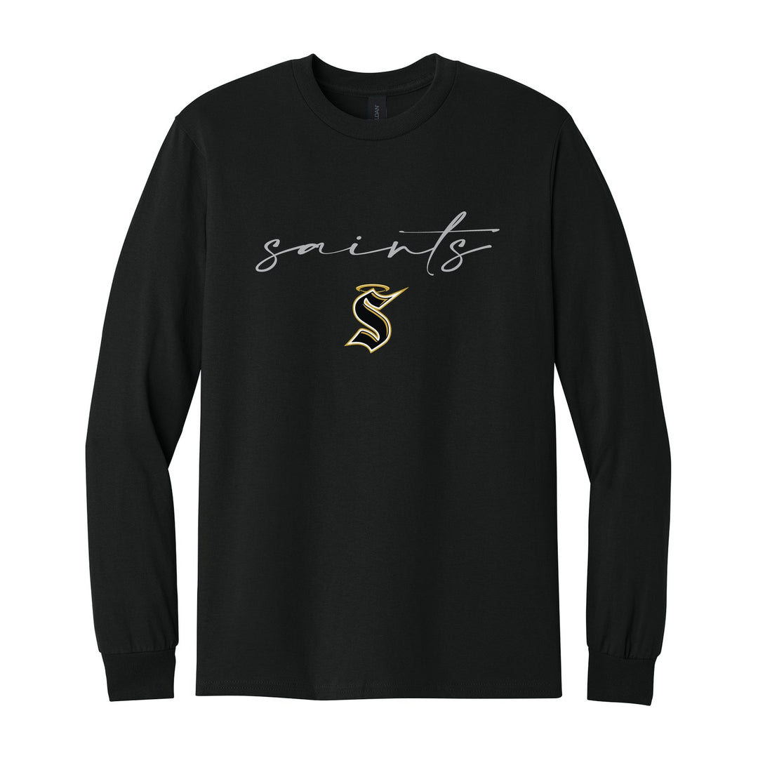 Berks Catholic Saints Saints Script long sleeve t-shirt in Black: saints in thin flowing script over the halo S