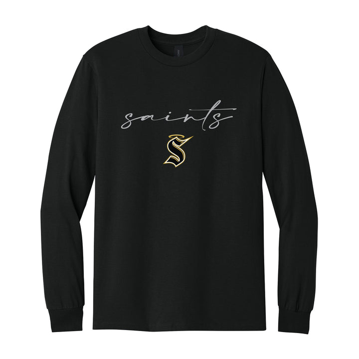 Berks Catholic Saints Saints Script long sleeve t-shirt in Black: saints in thin flowing script over the halo S