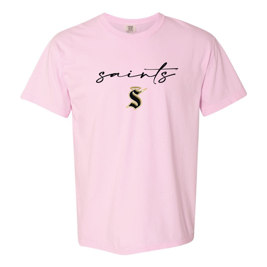 Berks Catholic Saints Saints Script comfort colors t-shirt in Blossom: saints in thin flowing script over the halo S