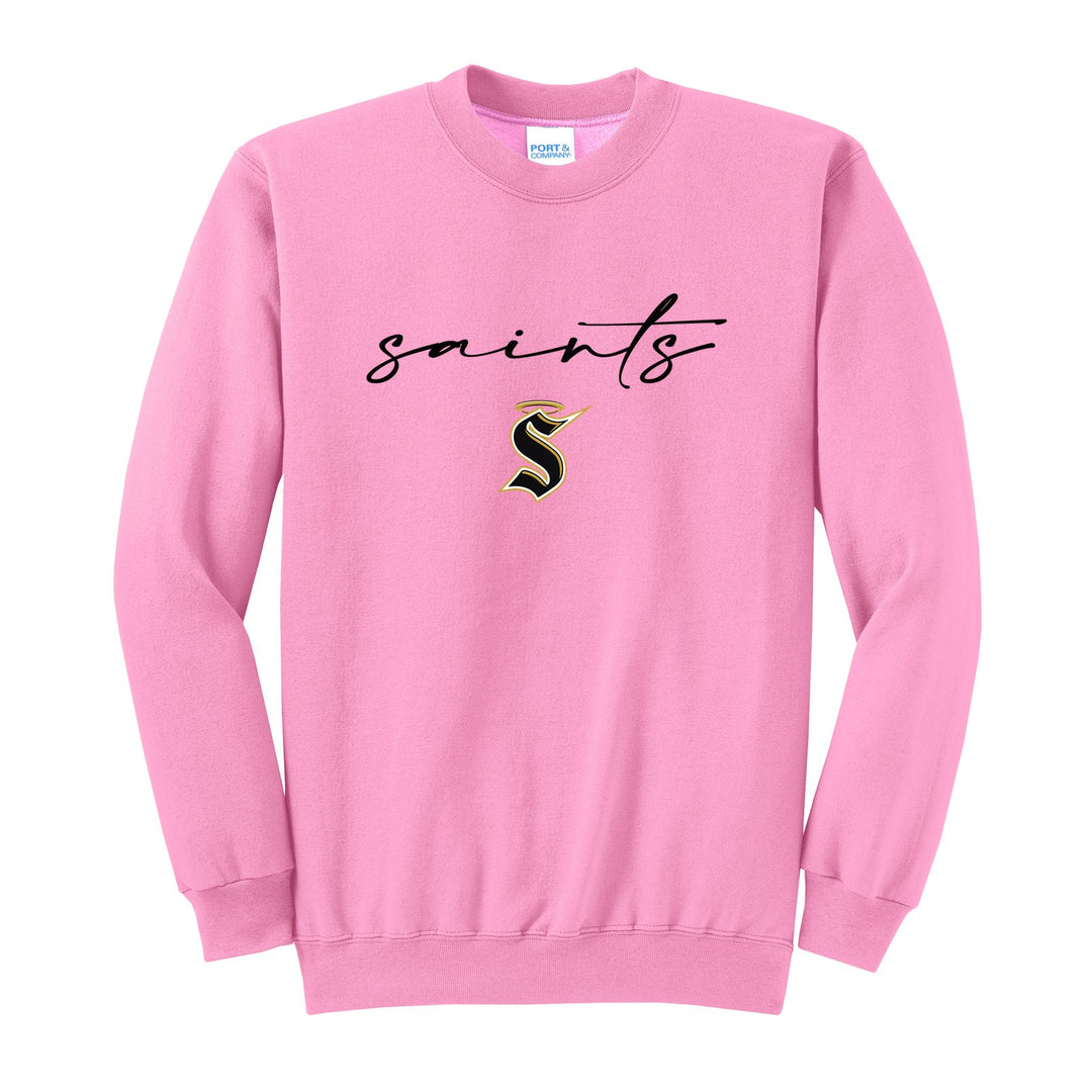 Berks Catholic Saints Saints Script crewneck sweatshirt in Candy Pink: saints in thin flowing script over the halo S