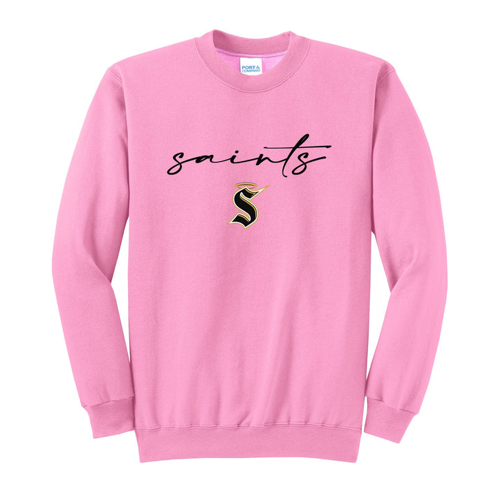 Berks Catholic Saints Saints Script crewneck sweatshirt in Candy Pink: saints in thin flowing script over the halo S