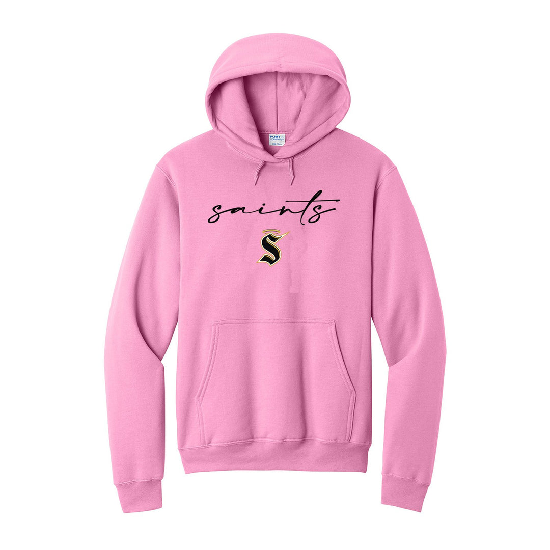 Berks Catholic Saints Saints Script hoodie in Candy Pink: saints in thin flowing script over the halo S