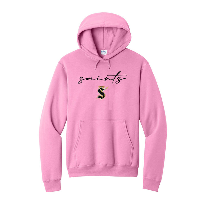 Berks Catholic Saints Saints Script hoodie in Candy Pink: saints in thin flowing script over the halo S