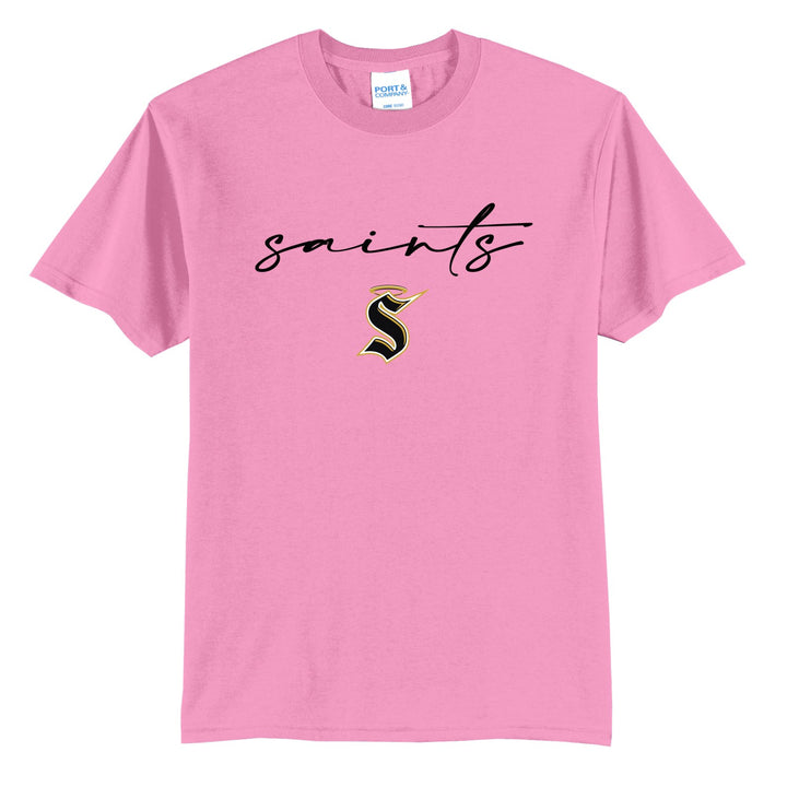 Berks Catholic Saints Saints Script t-shirt in Candy Pink: saints in thin flowing script over the halo S