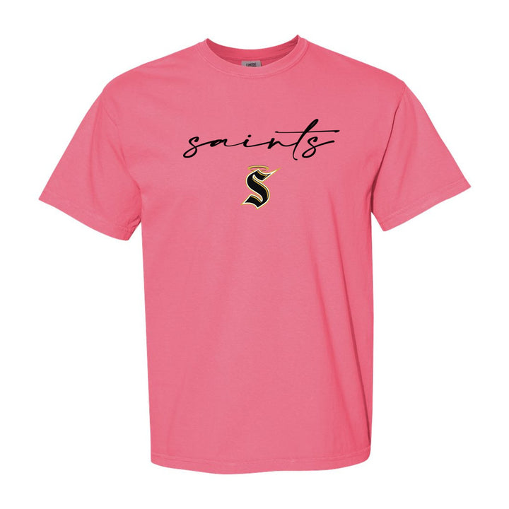 Berks Catholic Saints Saints Script comfort colors t-shirt in Crunchberry: saints in thin flowing script over the halo S
