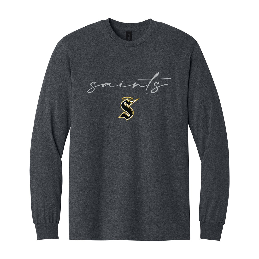 Berks Catholic Saints Saints Script long sleeve t-shirt in Dark Heather: saints in thin flowing script over the halo S