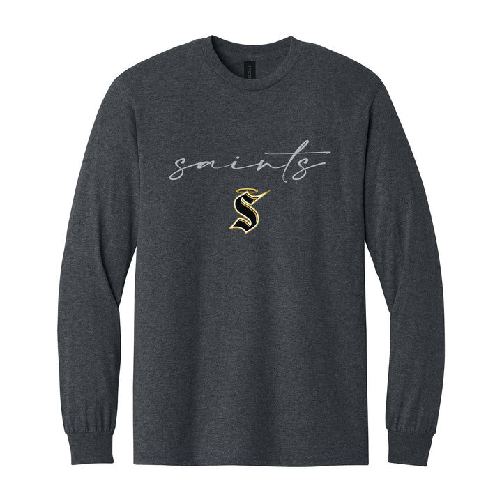 Berks Catholic Saints Saints Script long sleeve t-shirt in Dark Heather: saints in thin flowing script over the halo S