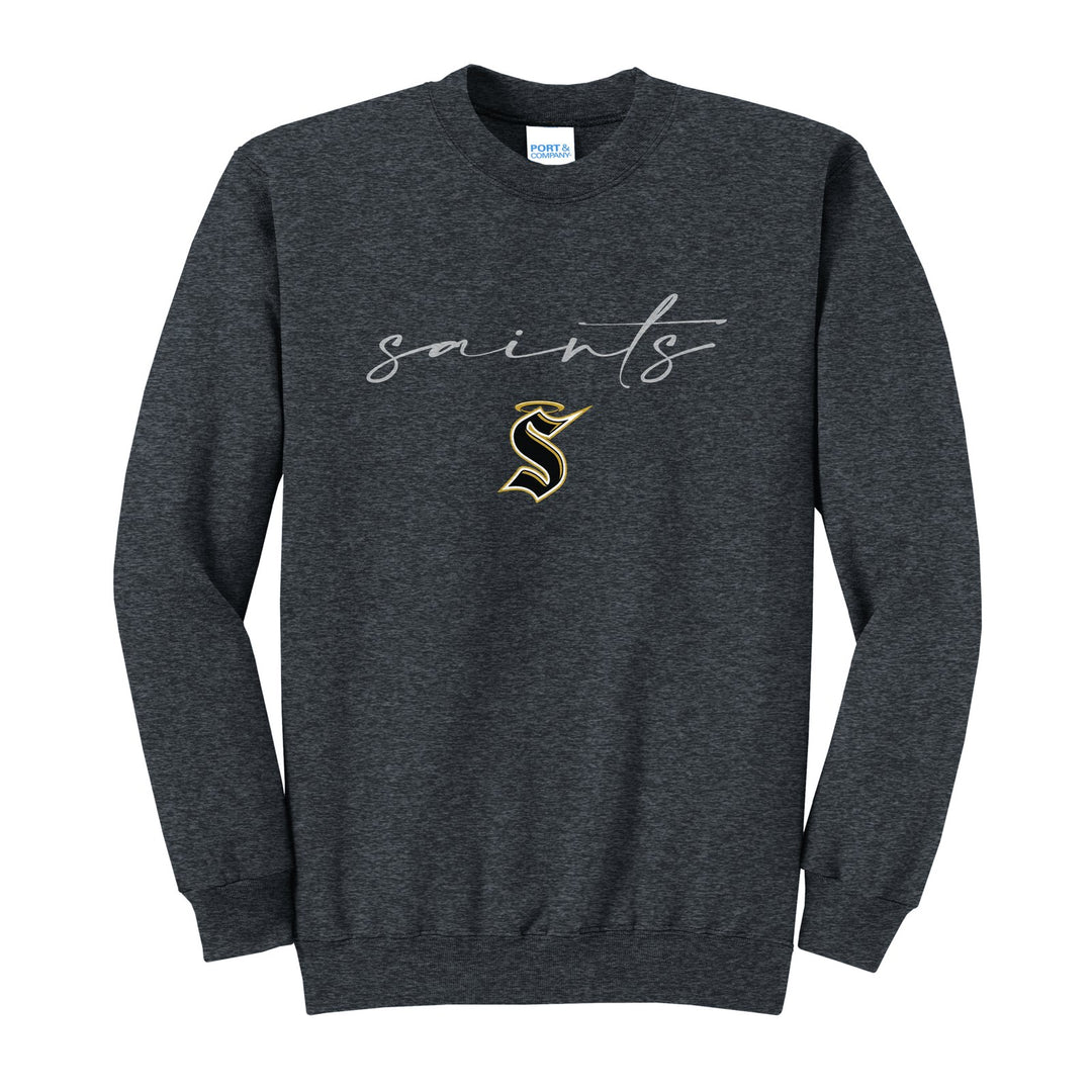 Berks Catholic Saints Saints Script crewneck sweatshirt in Dark Heather Grey: saints in thin flowing script over the halo S